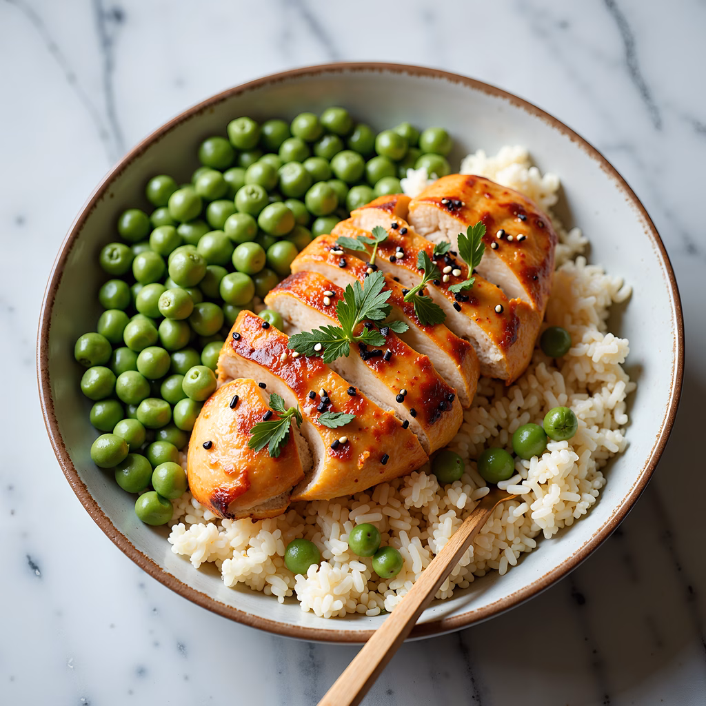 A mouthwatering chicken teriyaki bowl with teriyaki-coated chicken, rice, and peas.
