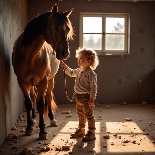 Child and Horse in Sunlit Barn