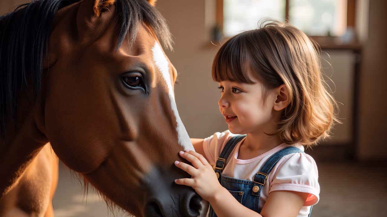 A heartwarming interaction between a child and a horse, showcasing warmth and innocence.