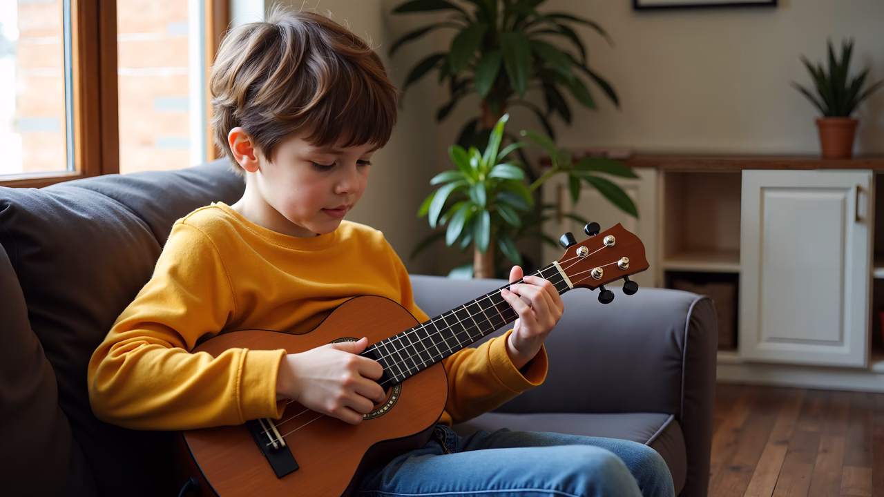 A child playing ukulele in a cozy living room setting.