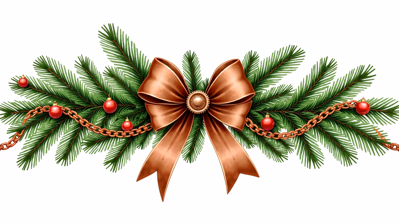 A beautifully detailed Christmas garland illustration featuring pine branches, red ornaments, and a copper bow.