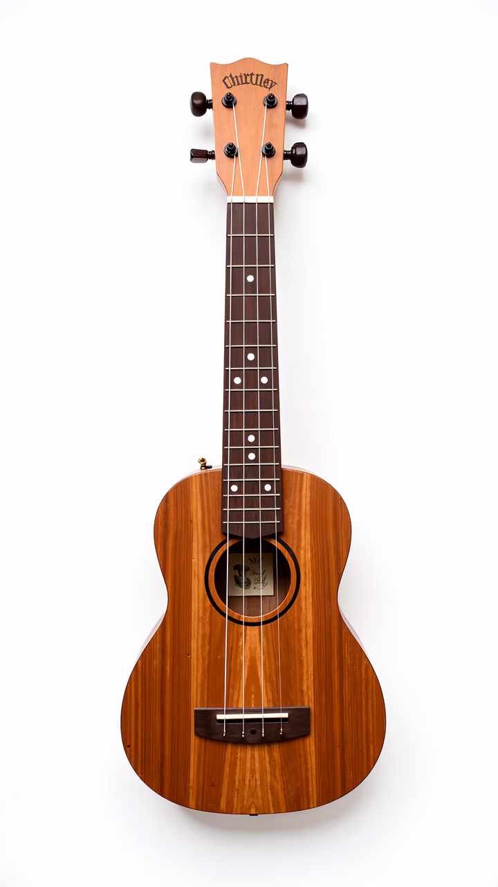 Churlley ukulele with warm wood tones and detailed craftsmanship.