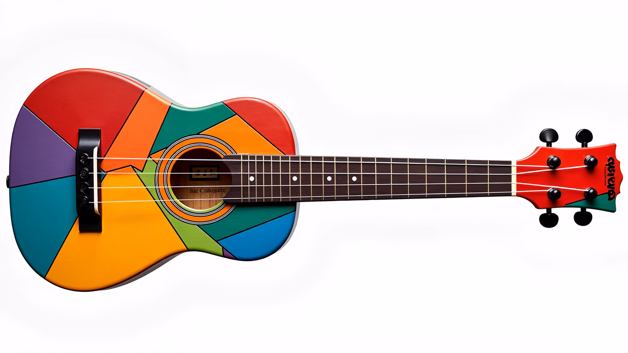 A colorful, geometrically designed ukulele illustration.