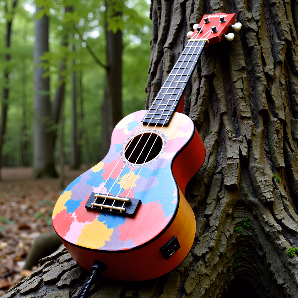 Vibrant ukulele in a forest setting, blending nature and artistry.