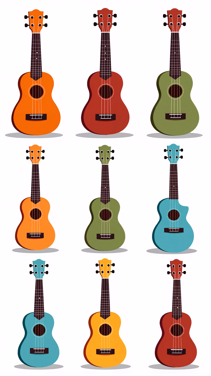 Vibrant ukuleles illustration in various colors.