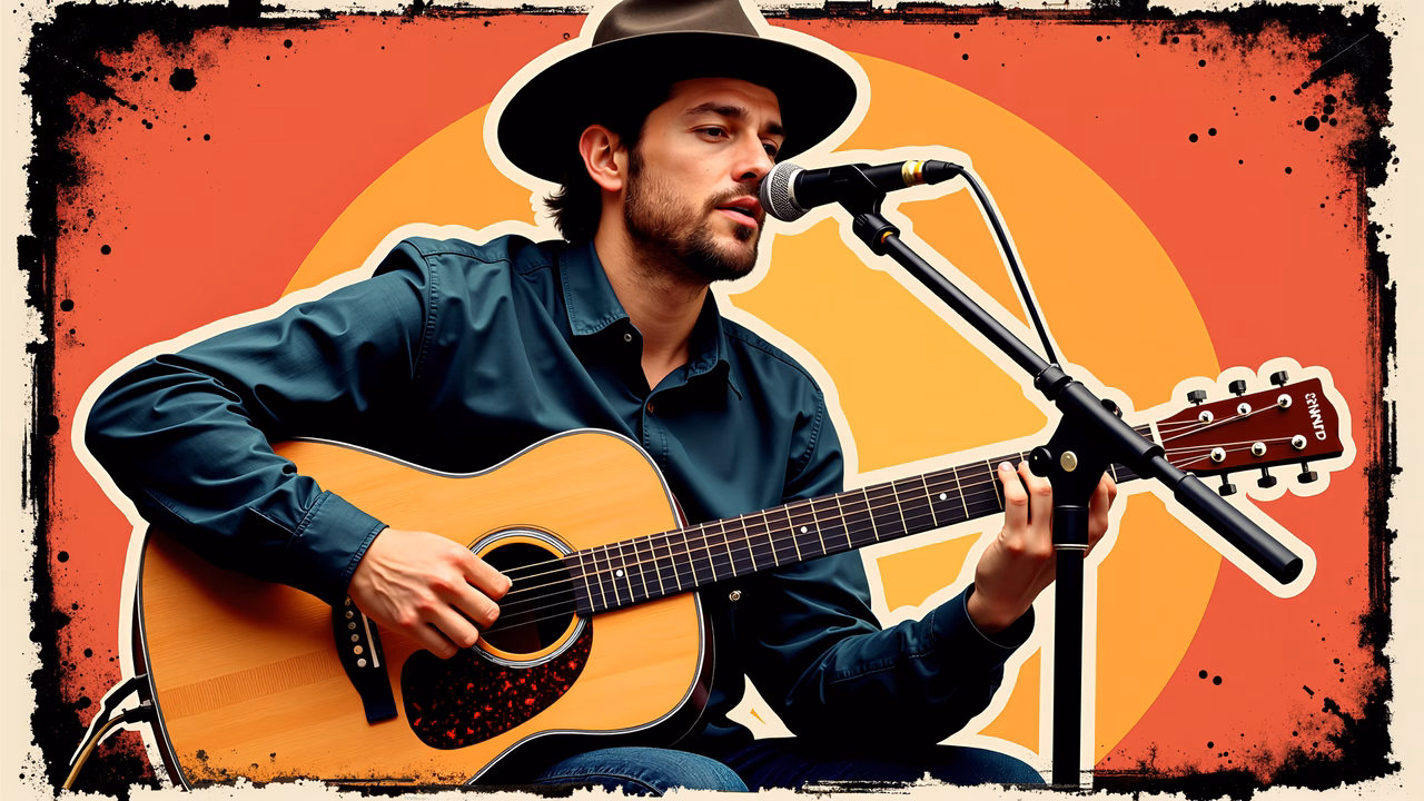 Vibrant country singer illustration with dynamic lines and warm colors.