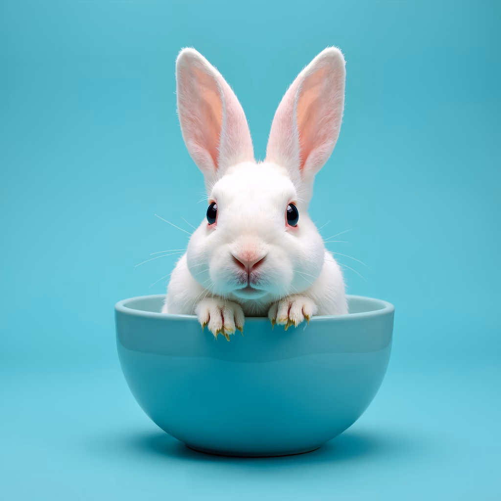 A cute bunny sitting in a bowl, perfect for animal lovers and those who appreciate sweet illustrations.