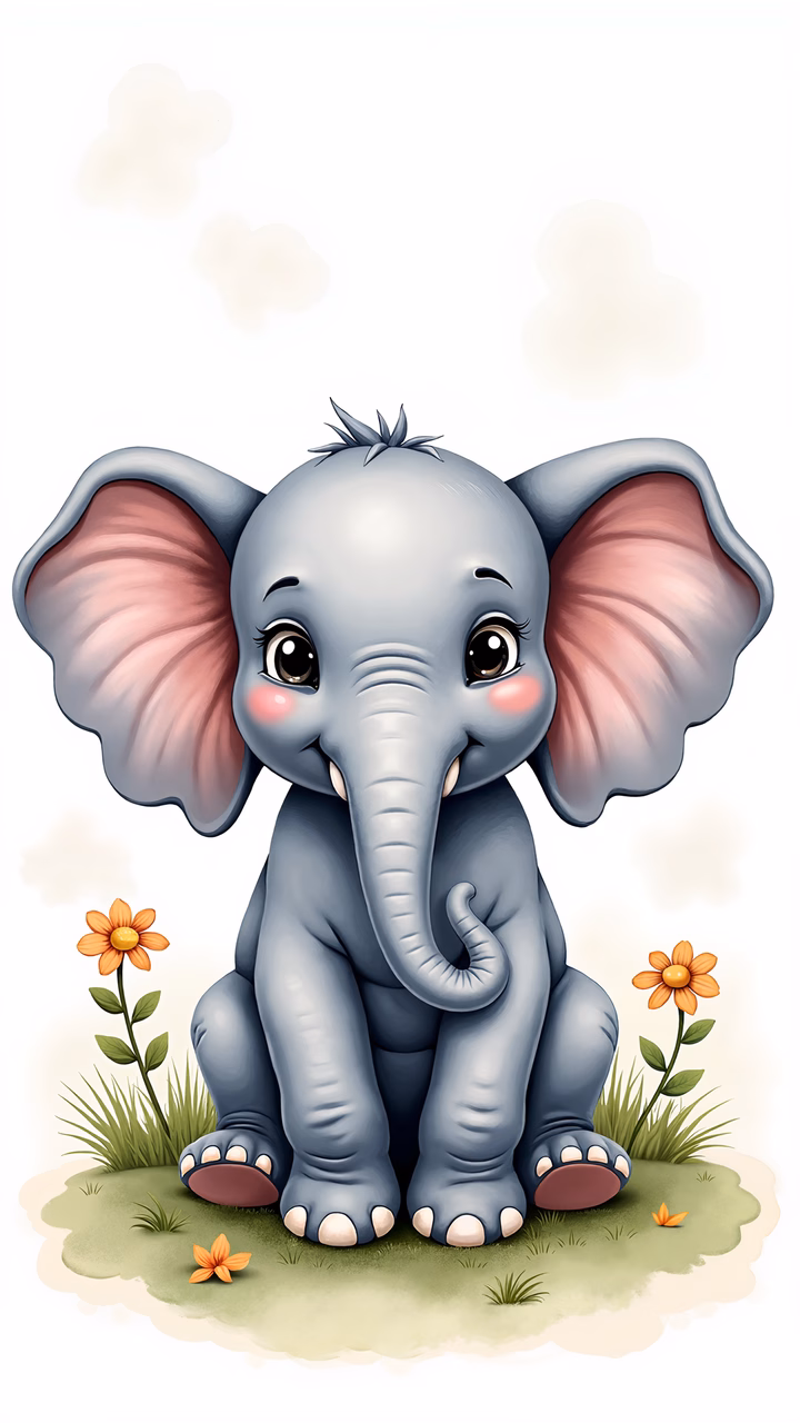 A sweet baby elephant sitting amidst flowers, perfect for children's decor.