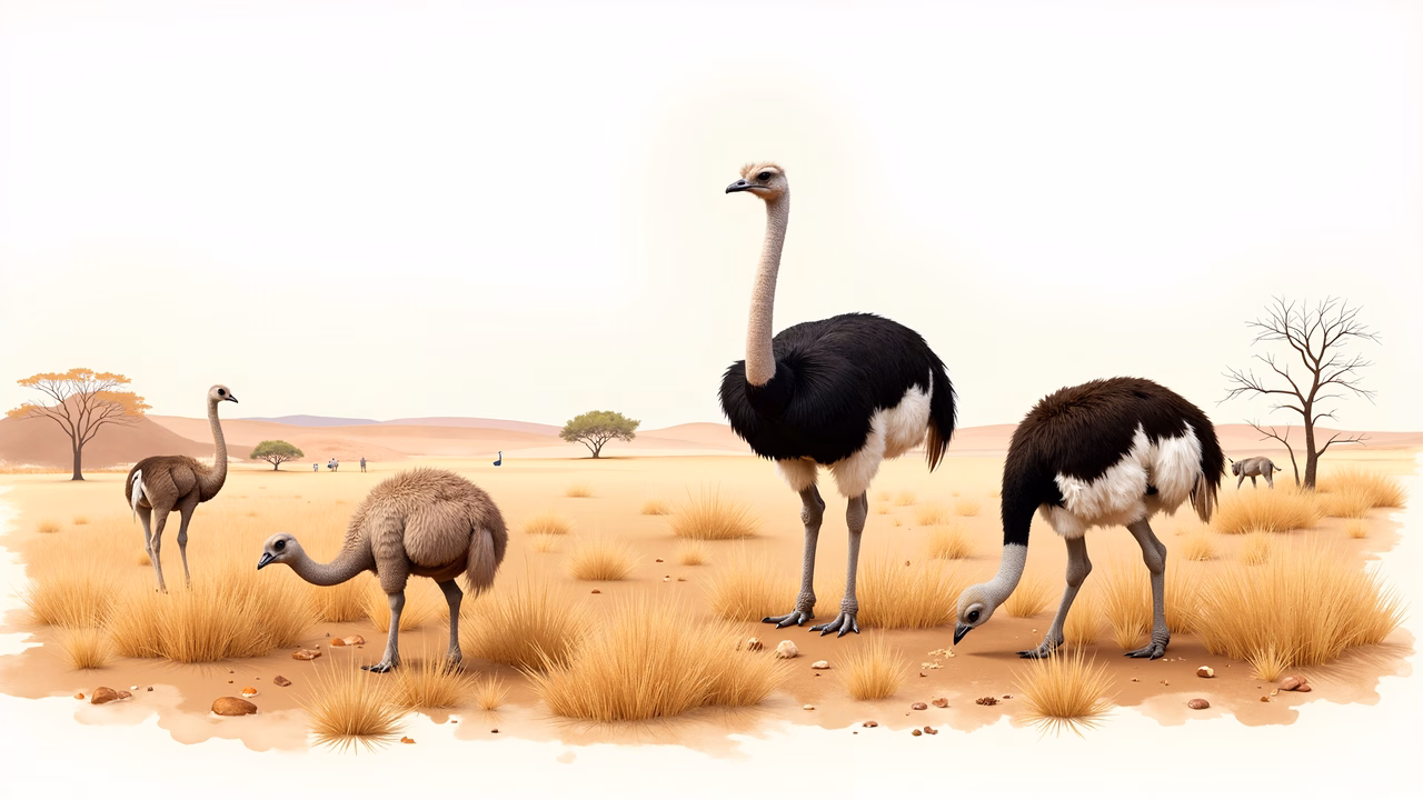 A peaceful desert scene with ostriches grazing in their natural habitat.