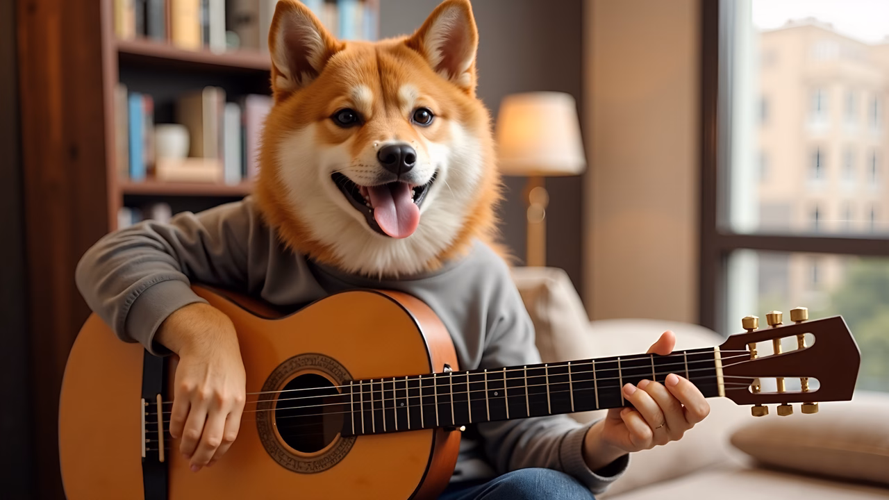 A playful dog playing a guitar in a cozy living room setting.