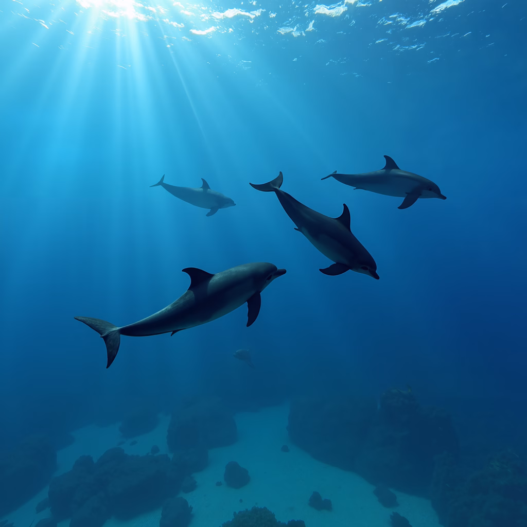 Four dolphins swim gracefully under sunlight in a tranquil underwater setting.