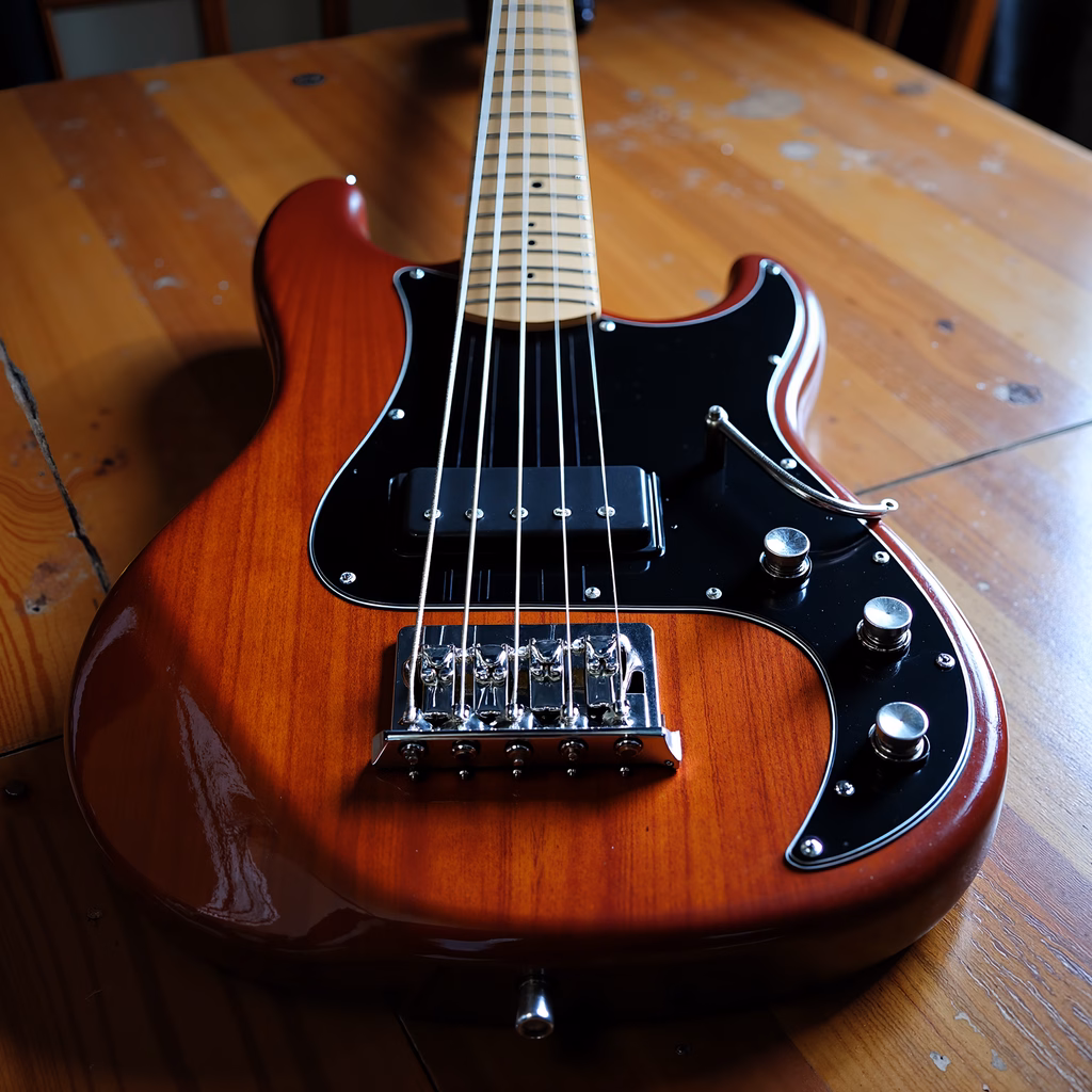 Close-up of a glossy electric bass guitar on a wooden table.