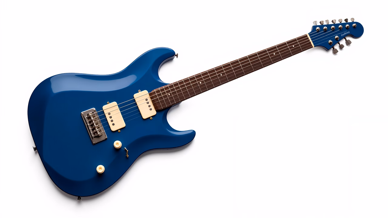 Detailed illustration of a blue electric guitar with a modern design.
