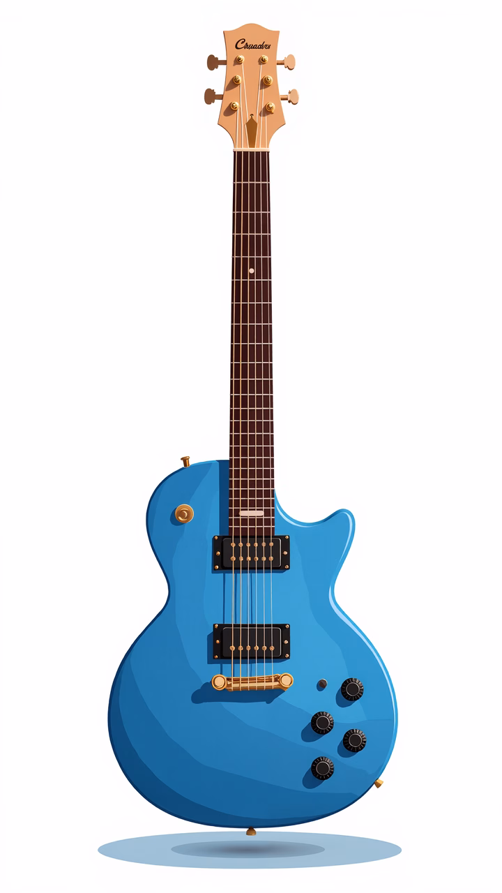 Glossy blue electric guitar illustration, modern music instrument design.