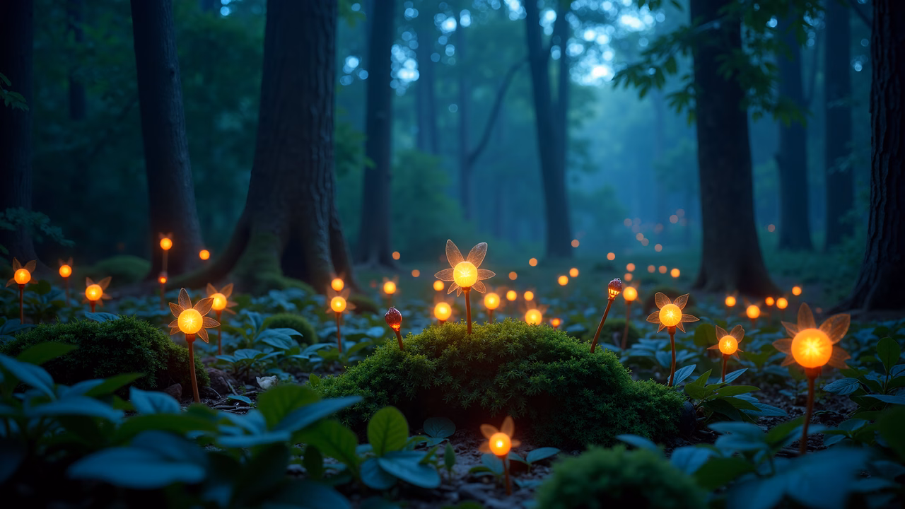 Glowing flowers in a mystical forest setting