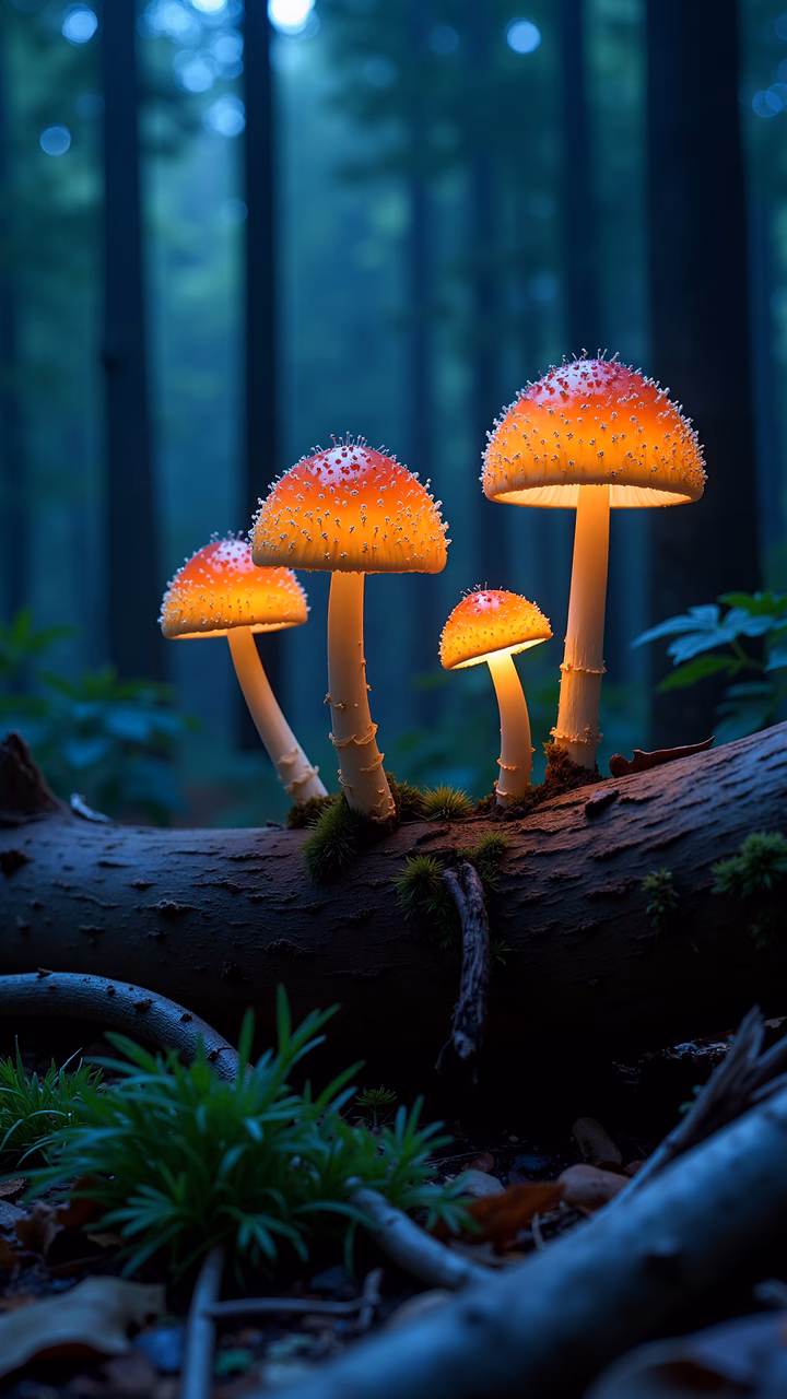 Glowing mushrooms in a mystical forest setting