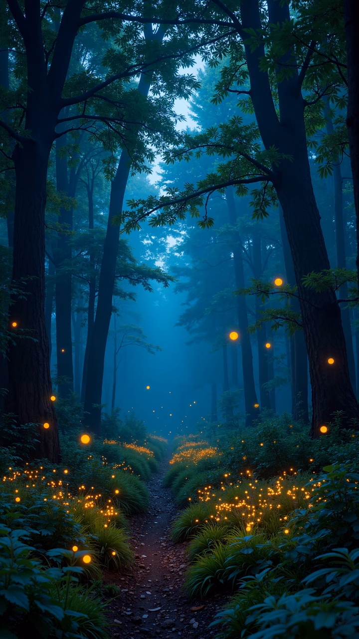Mystical forest path with glowing lights and tall trees.