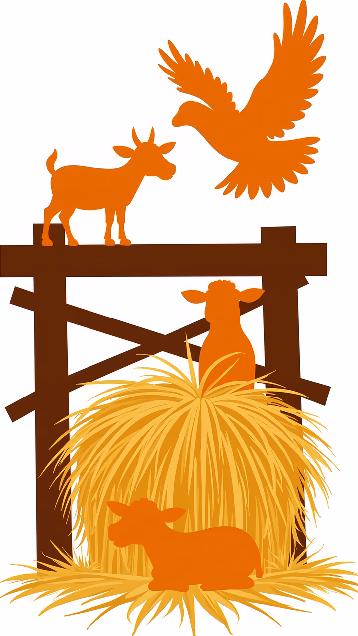 Silhouetted farm animals in a rustic setting with an orange bird flying overhead.