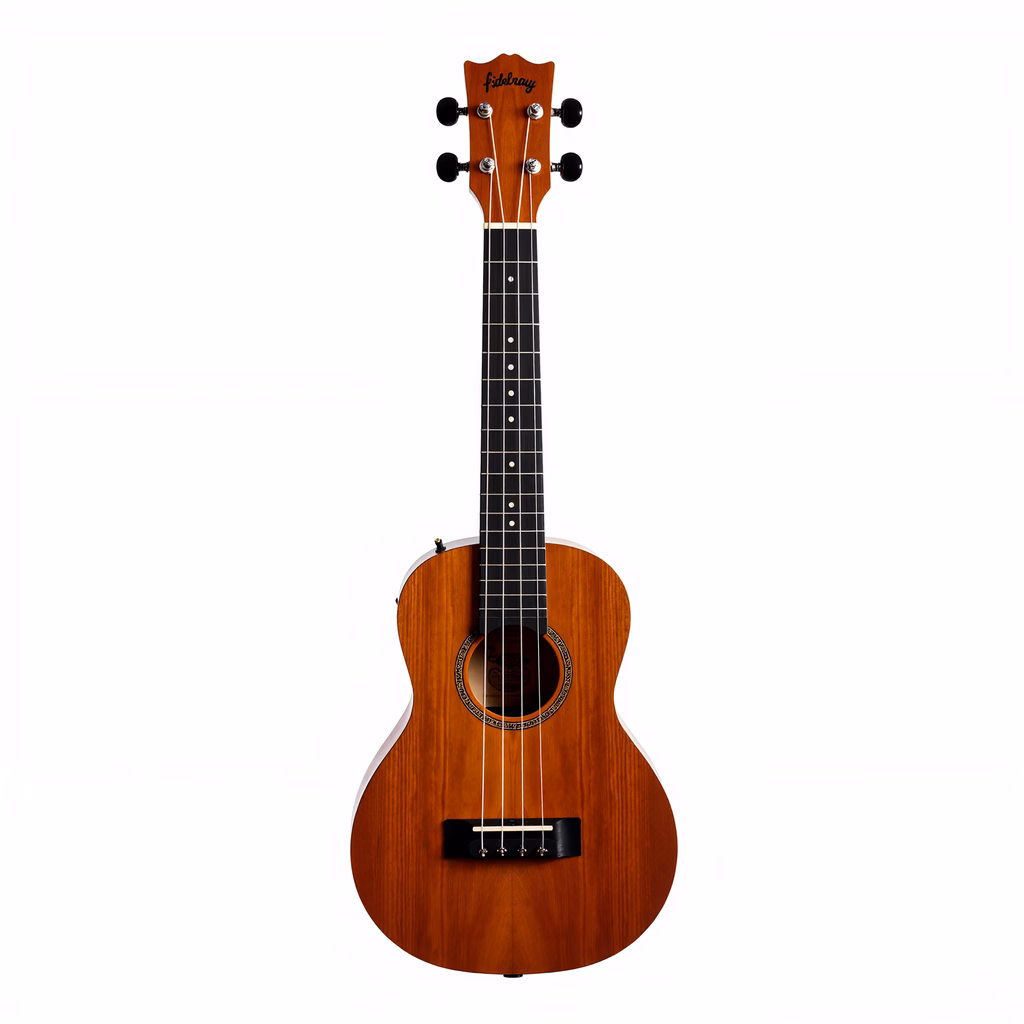 Close-up photo of a Fidelray ukulele with detailed wood grain and tuning pegs against a white background.