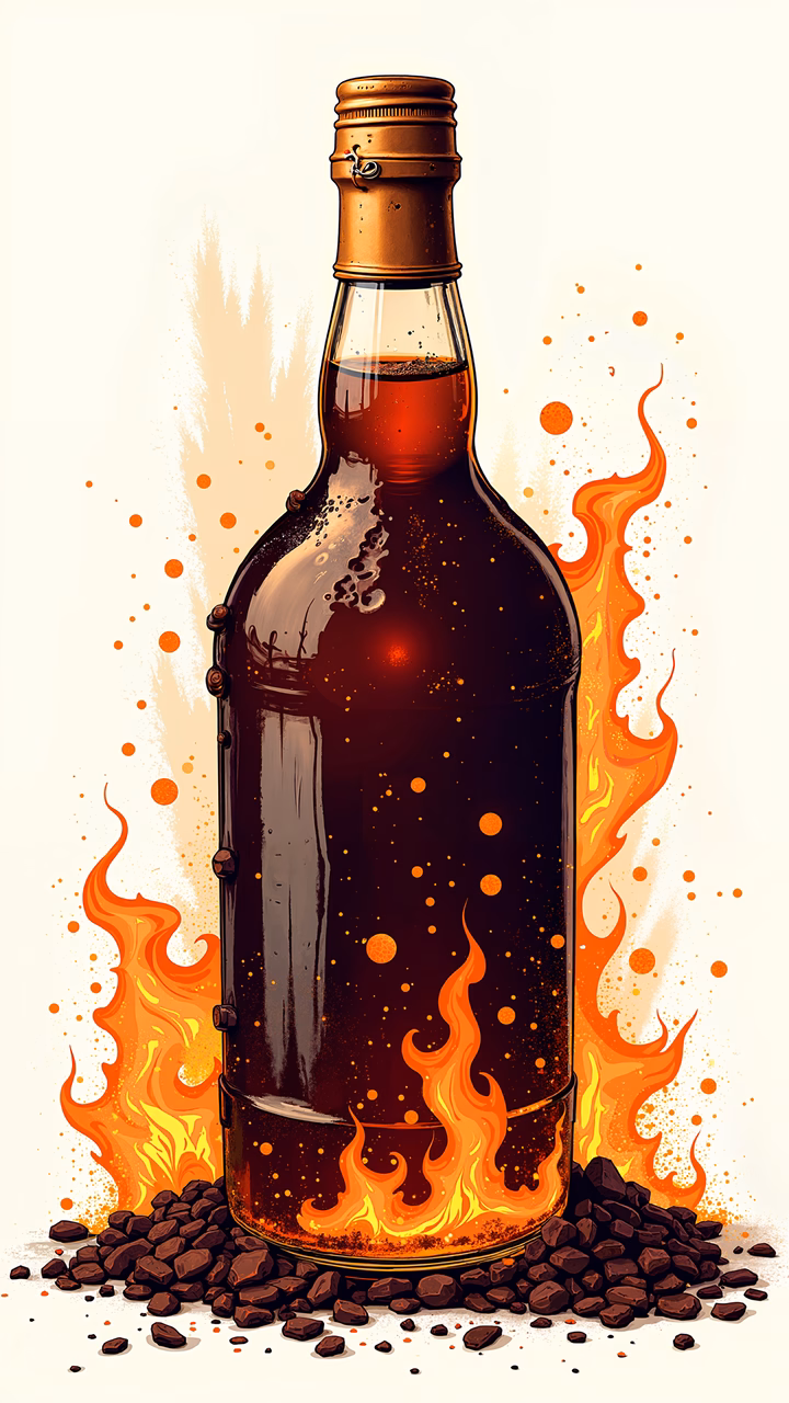 A fiery bottle illustration with a rustic cork stopper and vibrant flames surrounding it.