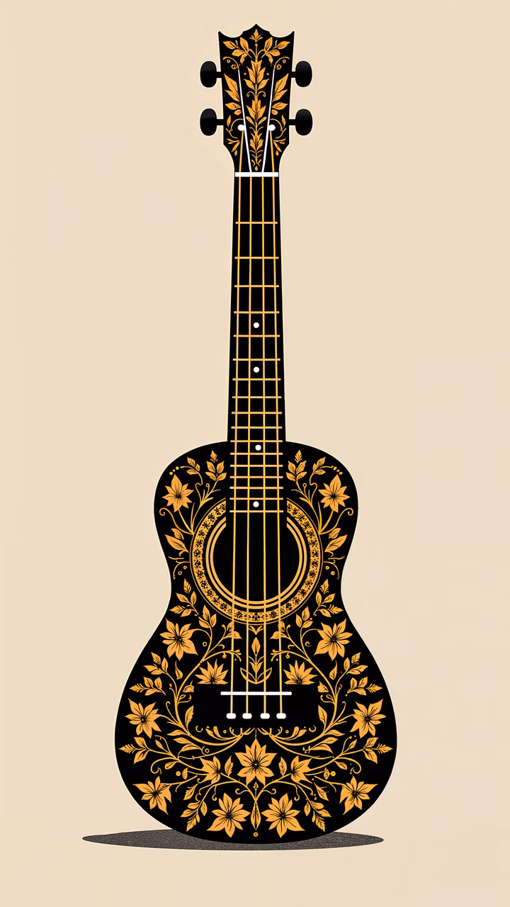 Elegant floral guitar illustration on a beige background.