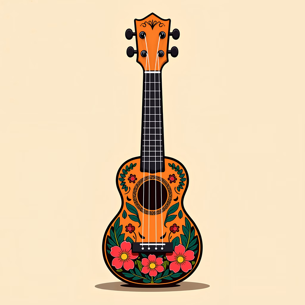 Vibrant floral ukulele illustration with bold colors and detailed textures.