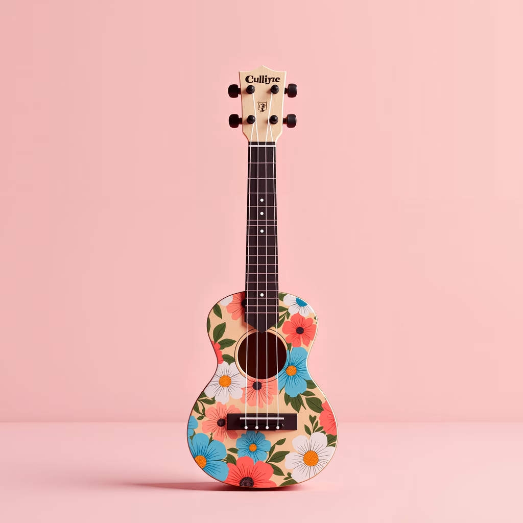 A floral ukulele illustration with a cheerful and artistic vibe.