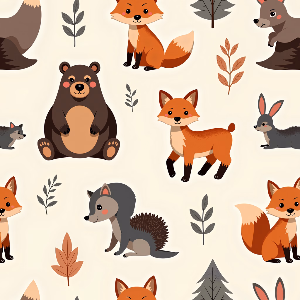 Cute forest animals in a cartoonish style, ideal for children’s decor.