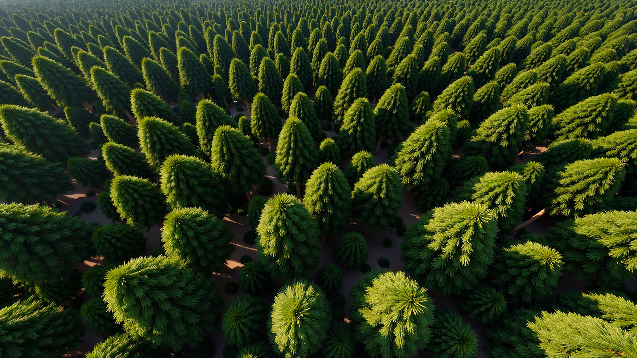 Aerial view of a lush, orderly forest canopy with dappled sunlight and vibrant greens.