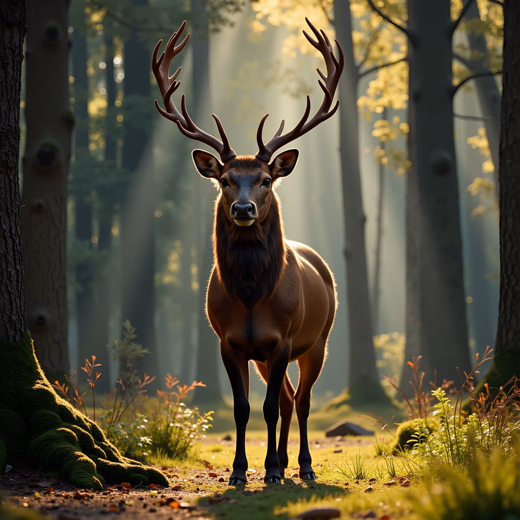 A serene forest scene featuring a majestic deer with detailed antlers and vibrant greenery under soft sunlight.