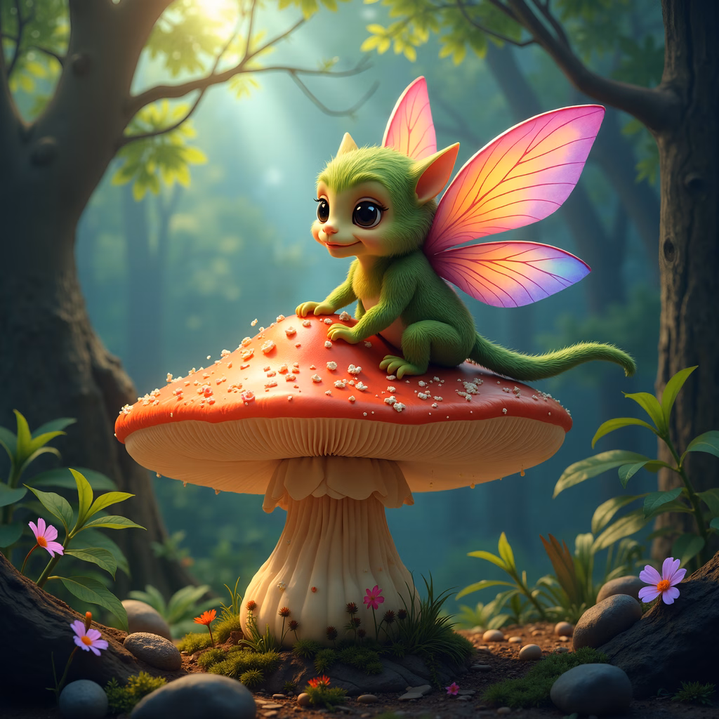 Whimsical fairy on a red mushroom in a magical forest.