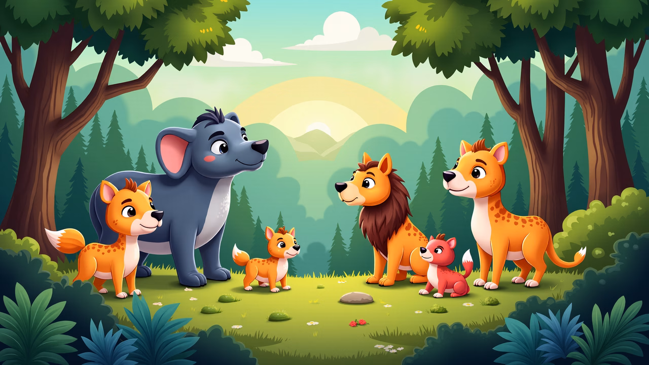 A group of forest animals in a cheerful illustration setting