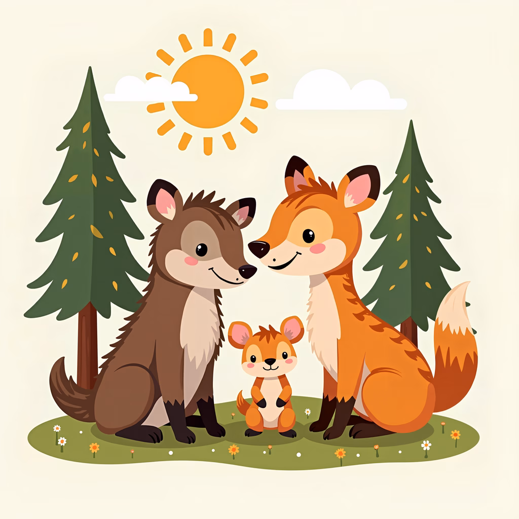 Cute forest animals enjoying a sunny day together.