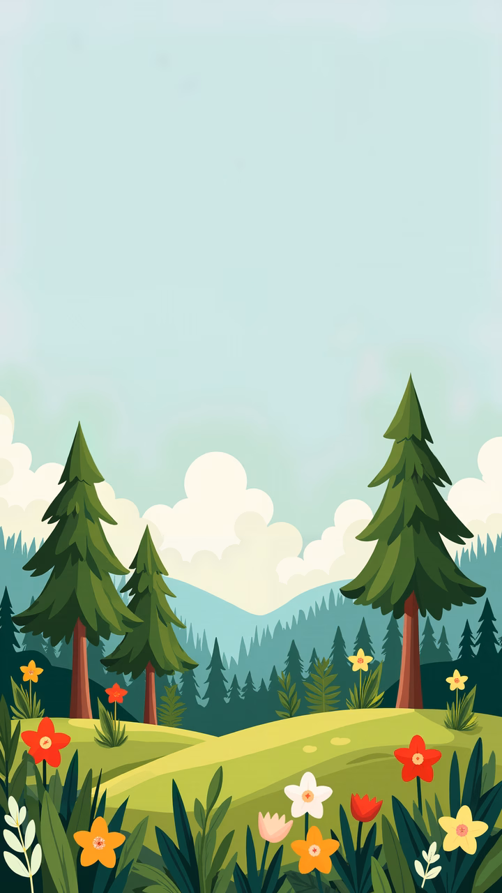 A cheerful forest illustration with vibrant colors and lush scenery.