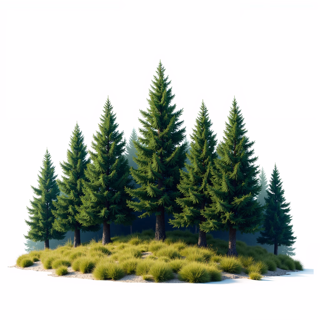 A peaceful forest scene with tall evergreen trees and lush greenery.