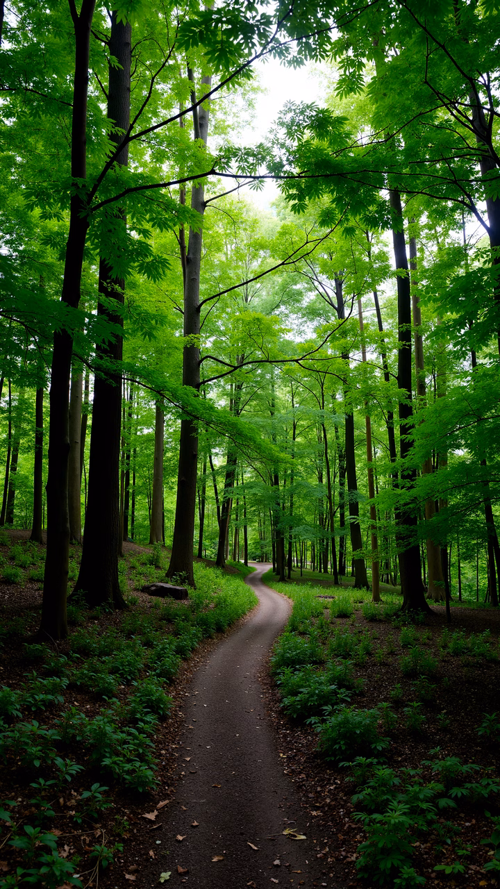 A peaceful forest path surrounded by lush greenery and dappled sunlight.