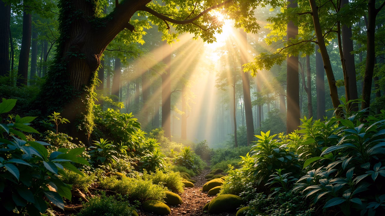 A peaceful forest path illuminated by golden sunlight, showcasing vibrant greens and warm tones.