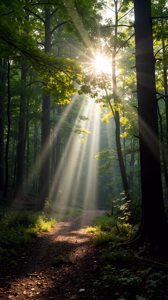 Forest Path Illuminated by Sunbeams