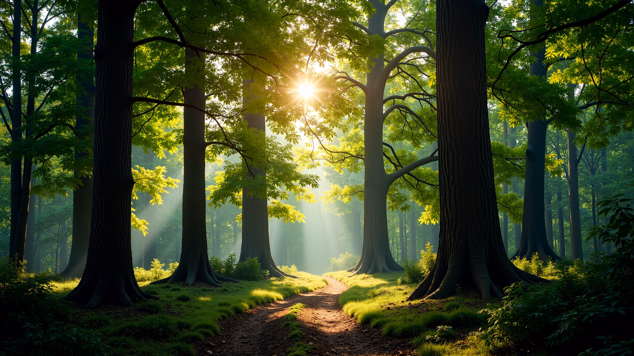 A tranquil forest path illuminated by golden sunlight, inviting viewers into a serene woodland setting.