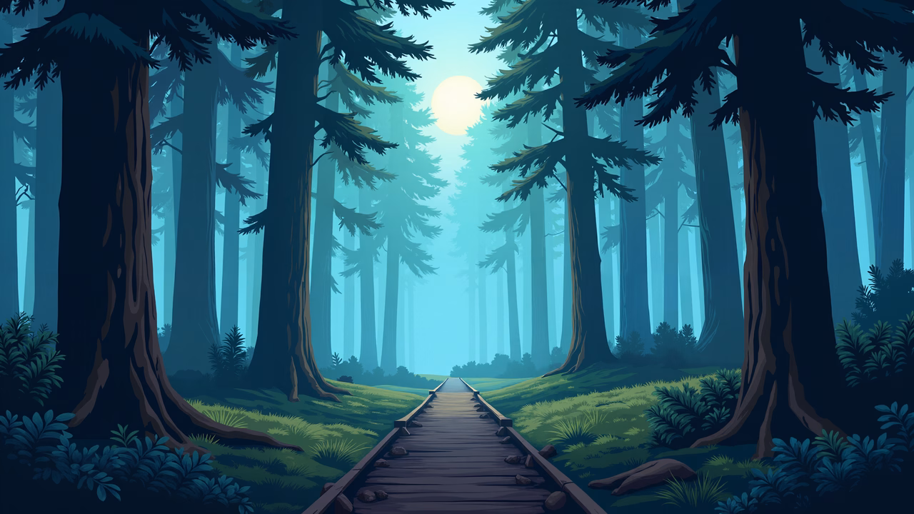 A tranquil forest path surrounded by tall trees, bathed in soft light.