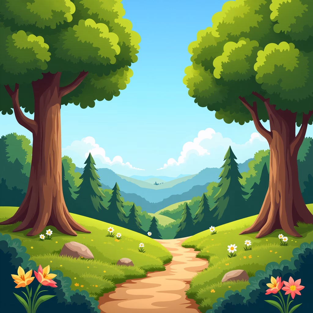 A peaceful forest path surrounded by lush greenery and blooming flowers under a clear blue sky.