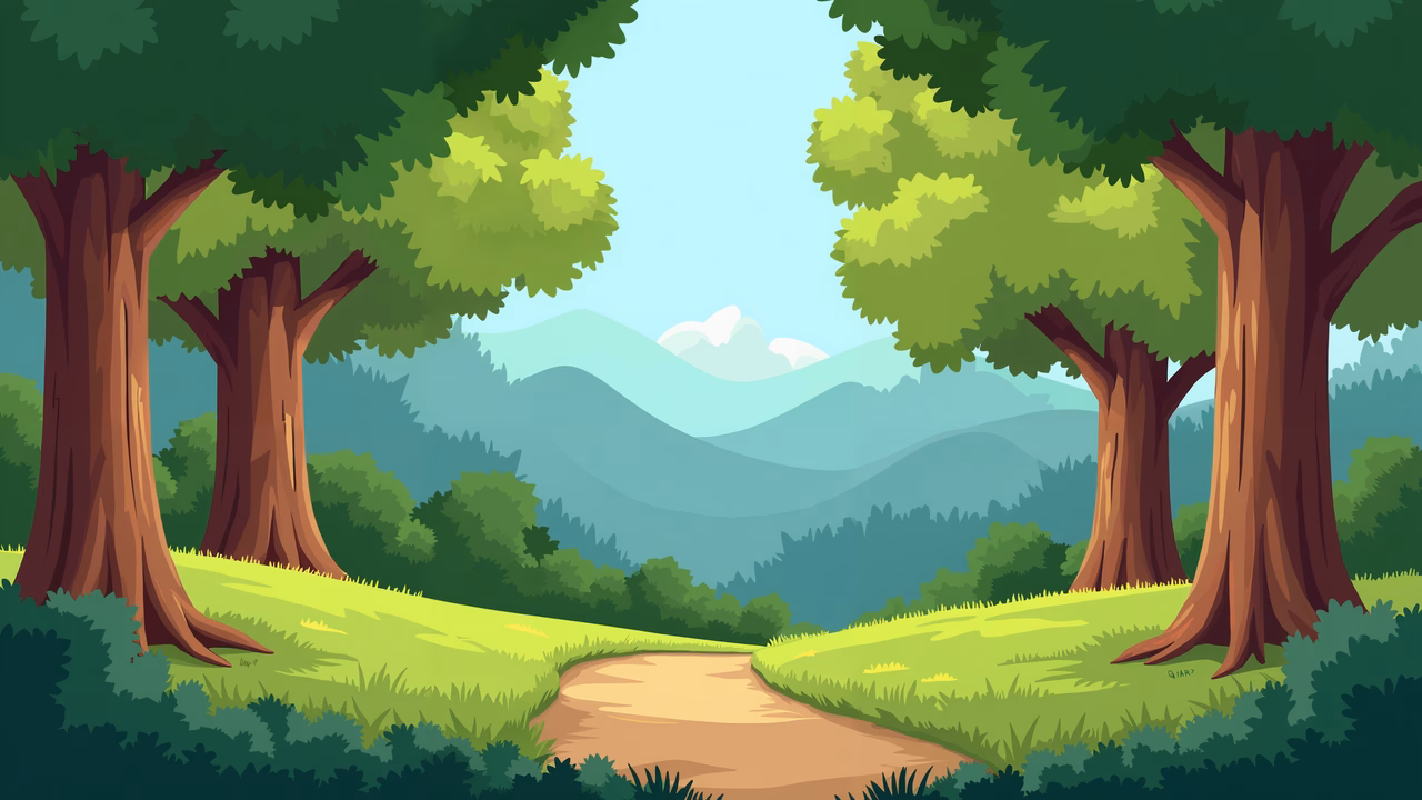A peaceful forest path surrounded by lush greenery and distant mountains.