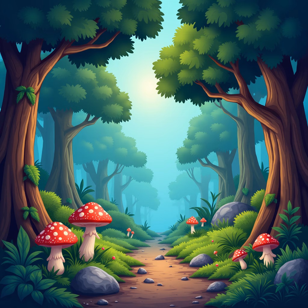 Whimsical forest path with red mushrooms and lush greenery under soft light.