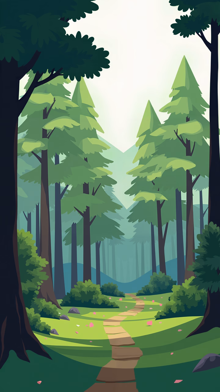 A calming forest path surrounded by tall trees and vibrant greenery.