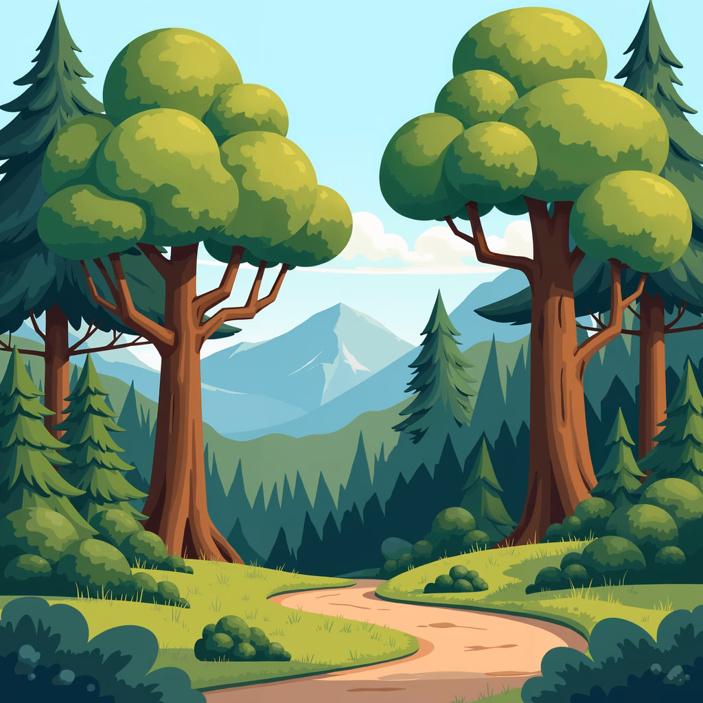 A peaceful forest path surrounded by lush greenery and towering trees, leading towards a distant mountain range under a clear sky.