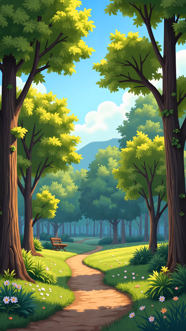 A tranquil forest path surrounded by lush greenery and wildflowers, inviting viewers to explore nature's beauty.