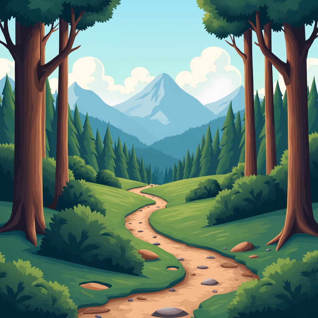 A tranquil forest path surrounded by lush greenery and towering mountains.