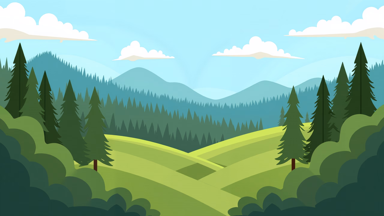 A tranquil forest path surrounded by lush greenery and distant mountains under a clear blue sky.
