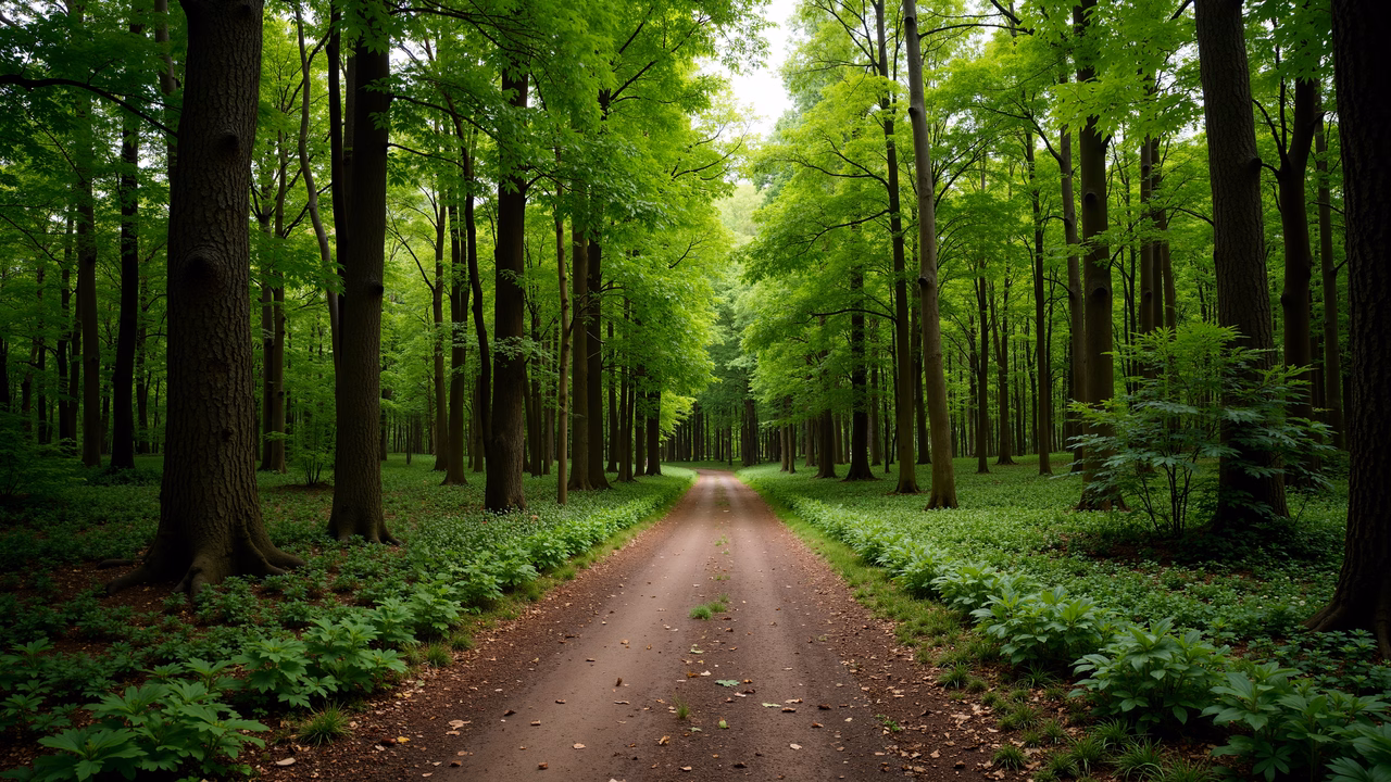 A peaceful forest path surrounded by tall trees and vibrant greenery.
