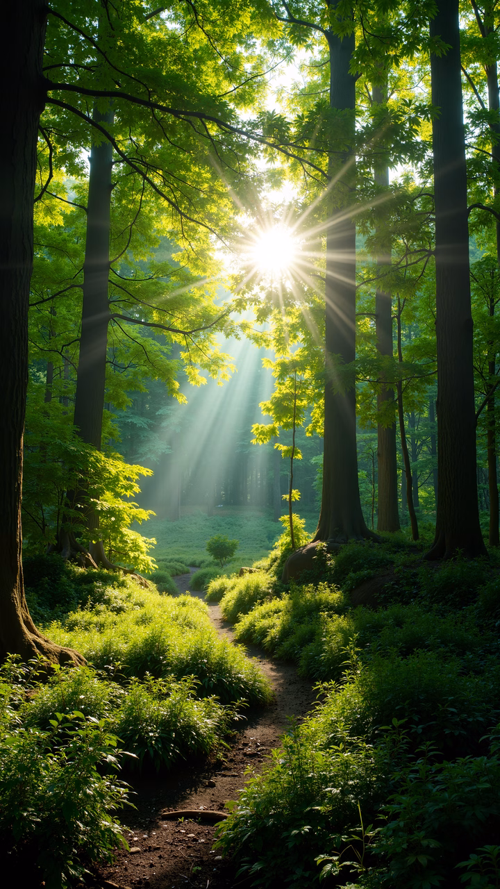 A peaceful forest pathway illuminated by dappled sunlight.
